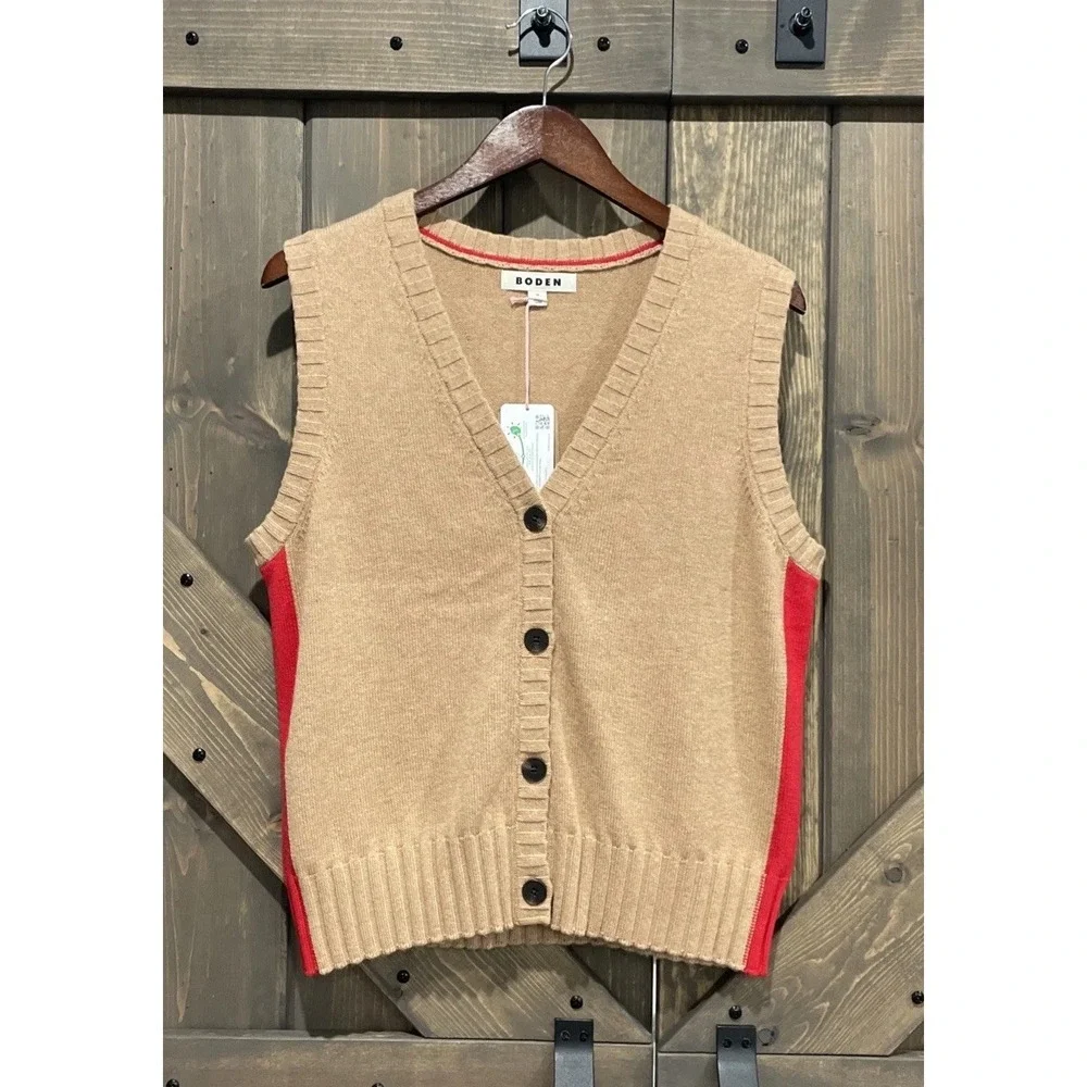 Boden Camel and Red Sleeveless Button Front Sweater Vest - Picture 4 of 11